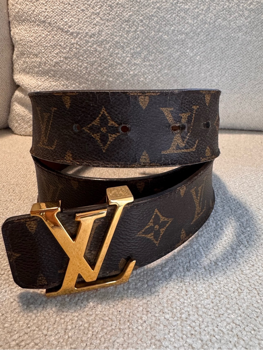 Louis Vuitton Brown Monogram Leather Belt with Gold LV Buckle